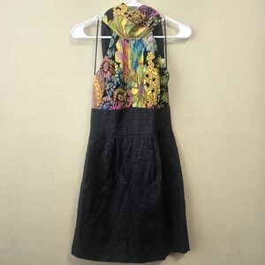 TRINA TURK Ibis Silk Scarf Halter Sheath Dress Black Vibrant Multicolor Size 2
